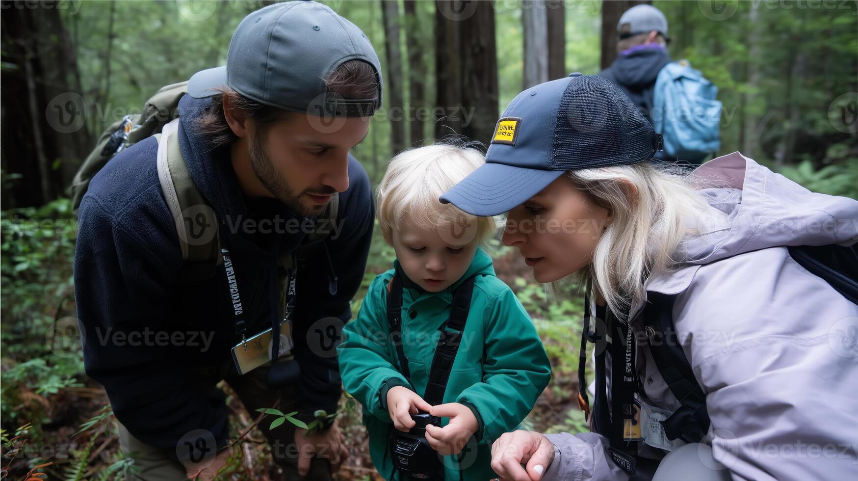 Exploring nature with a child in a lush forest during a guided educational hike focusing on wildlife and plant identification photo