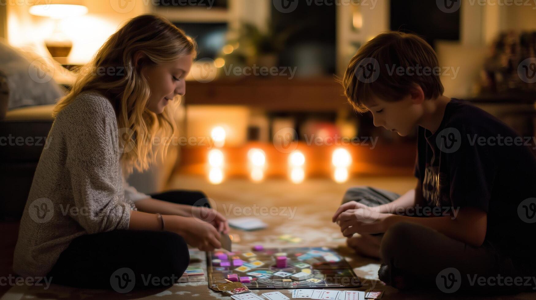 Children enjoying a board game together in a cozy living room during evening hours photo