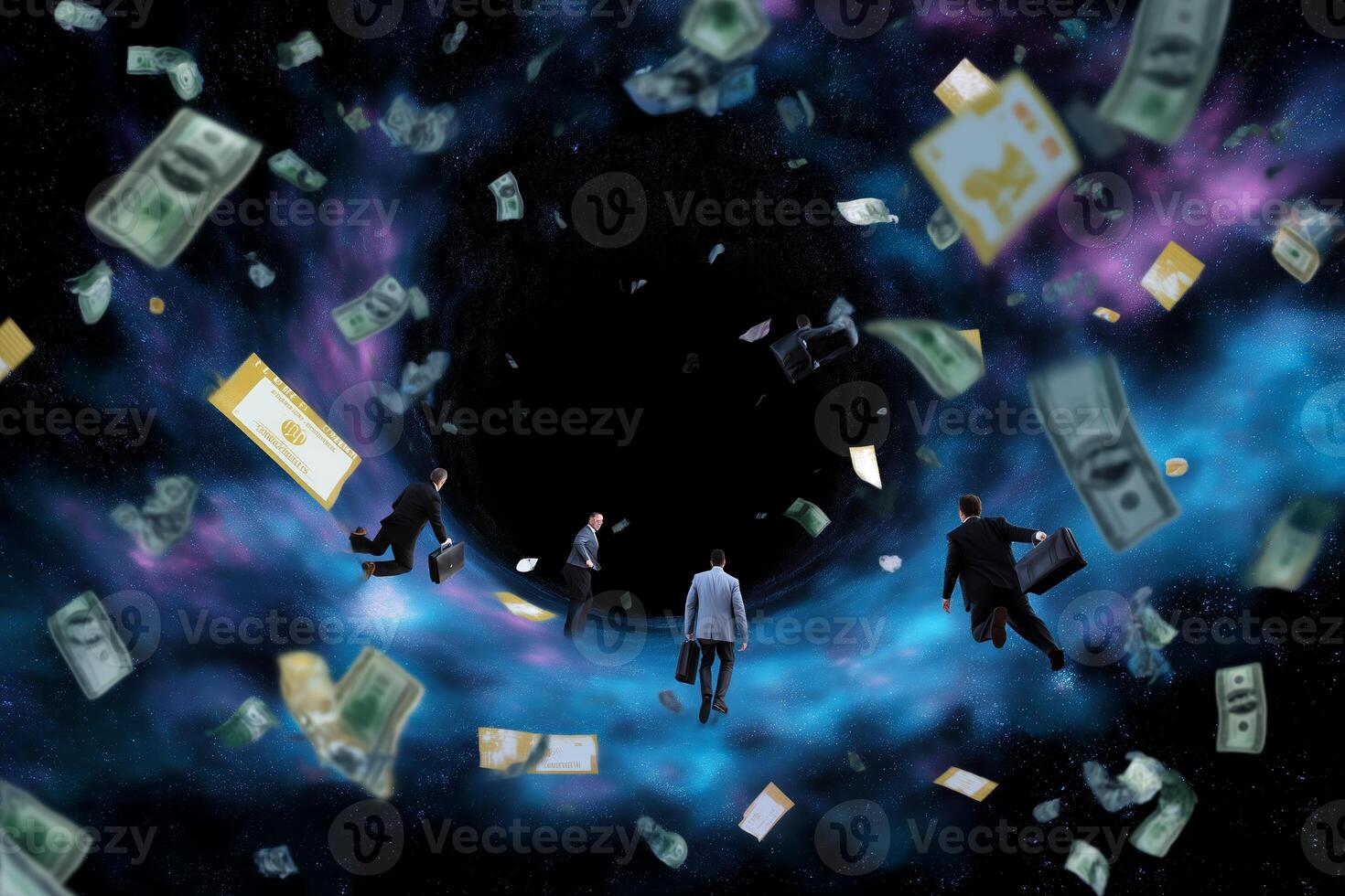 Businessmen enter a black hole while carrying money and documents in a surreal space setting photo