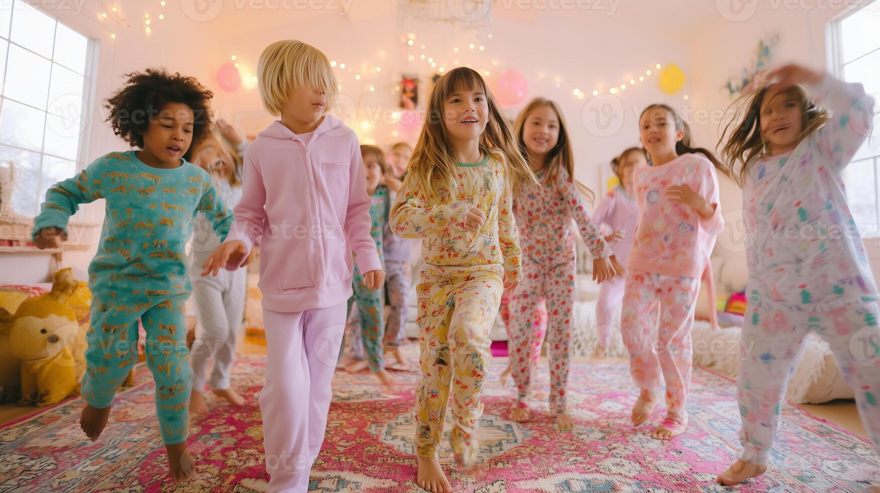 Group of children enjoying a pajama party in a brightly decorated playroom during a fun evening gathering photo