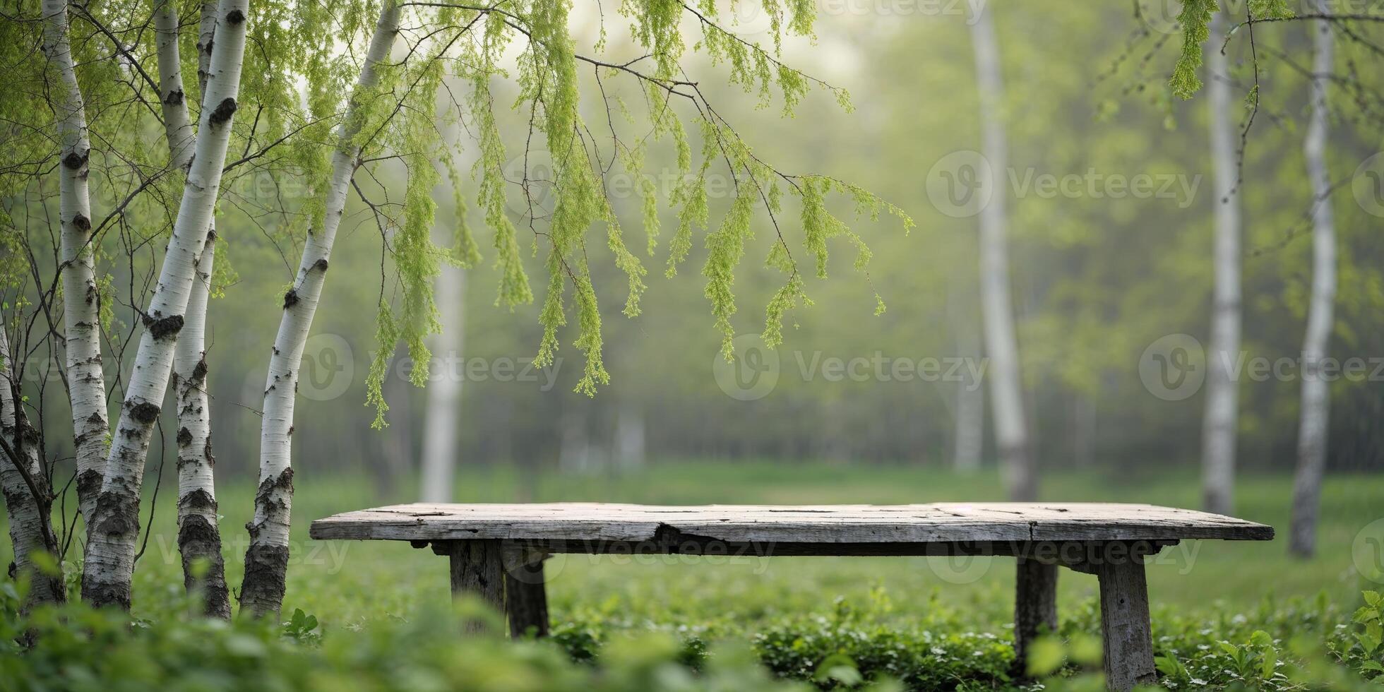 Scenic wooden table surrounded by lush greenery and birch trees in a tranquil park setting during early morning light photo