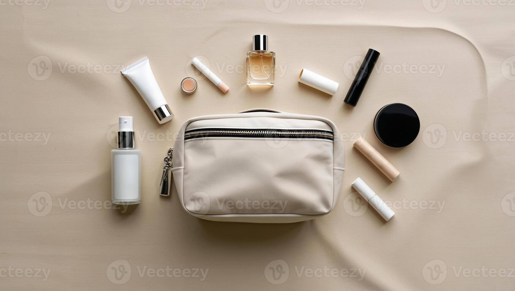Essential travel beauty kit with cosmetics arranged around a sleek cosmetic bag on a neutral background photo