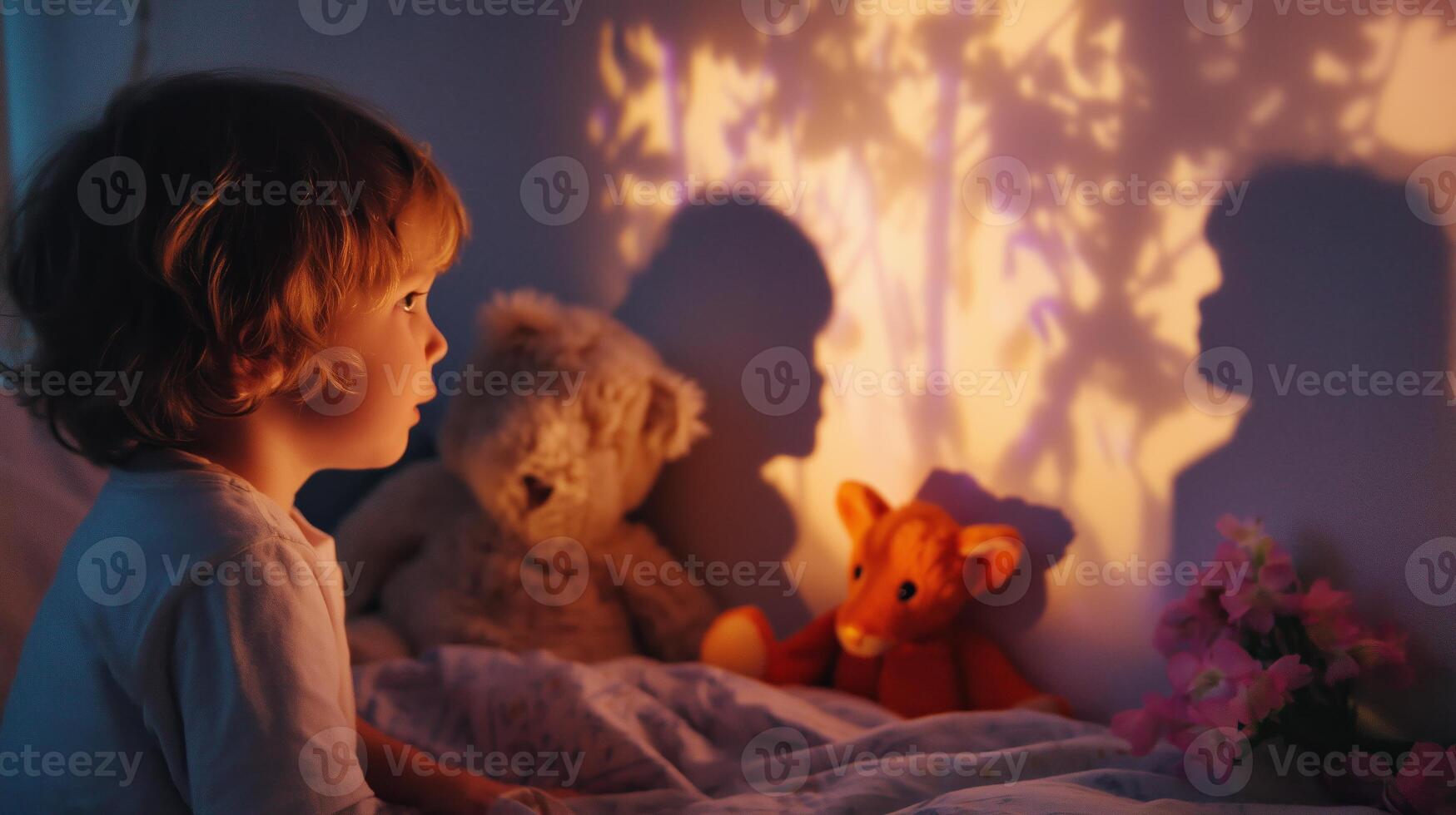 Child gazes at shadows in a cozy bedroom with stuffed animals and soft lighting during nighttime photo