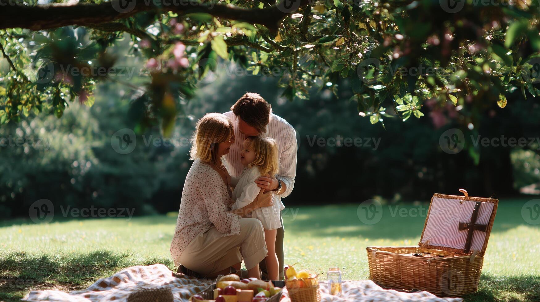 Family enjoys a sunny picnic under a large tree in the park during a warm afternoon photo