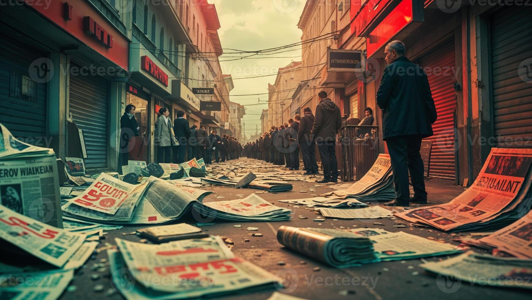 Crowd of people lining the streets amidst scattered newspapers in an urban setting during dusk photo