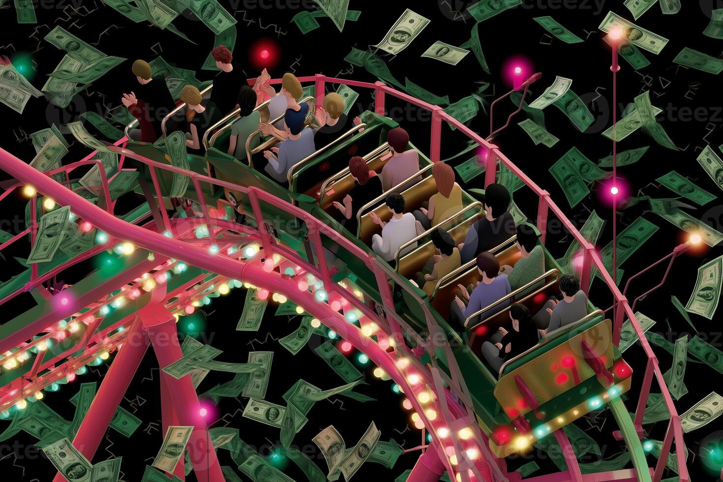 Excitement on the roller coaster as thrill-seekers enjoy a fun ride surrounded by flying money at an amusement park photo