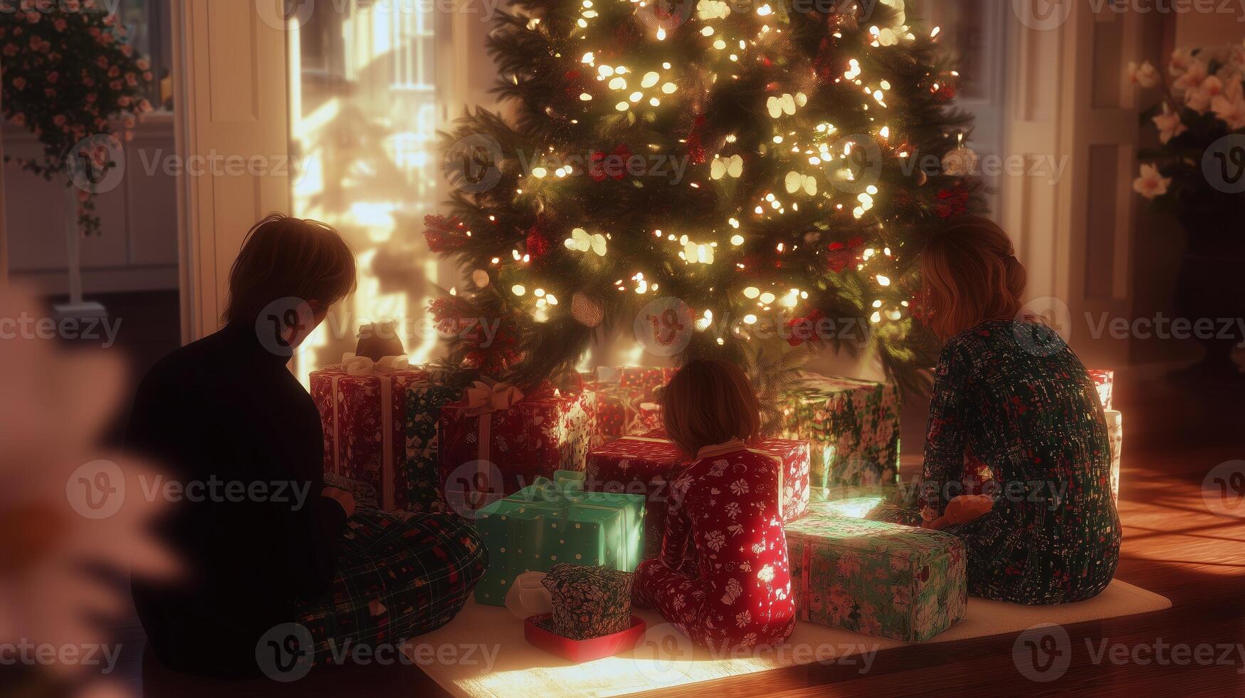 Family enjoys gift opening by the glowing Christmas tree in a cozy living room setting photo