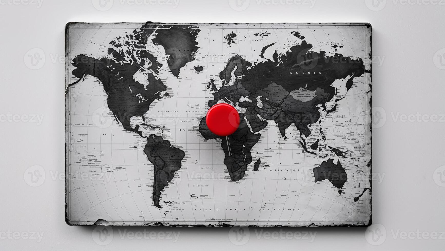 Map showcasing the world with a red pin marking a specific location, perfect for travel planning and exploration photo
