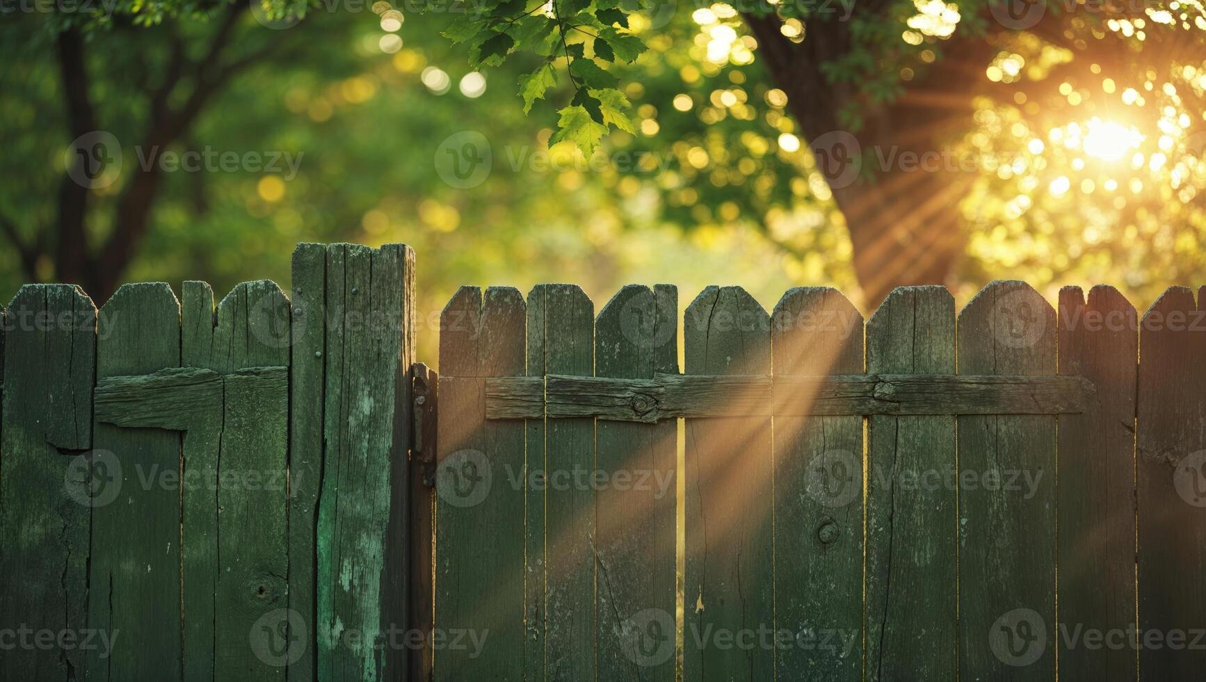 Sunlight shining through a wooden fence in a tranquil garden during early morning hours photo