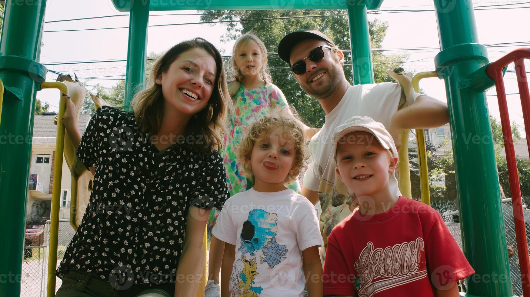 Family enjoying fun time at the playground during a sunny afternoon with kids playing and smiling photo