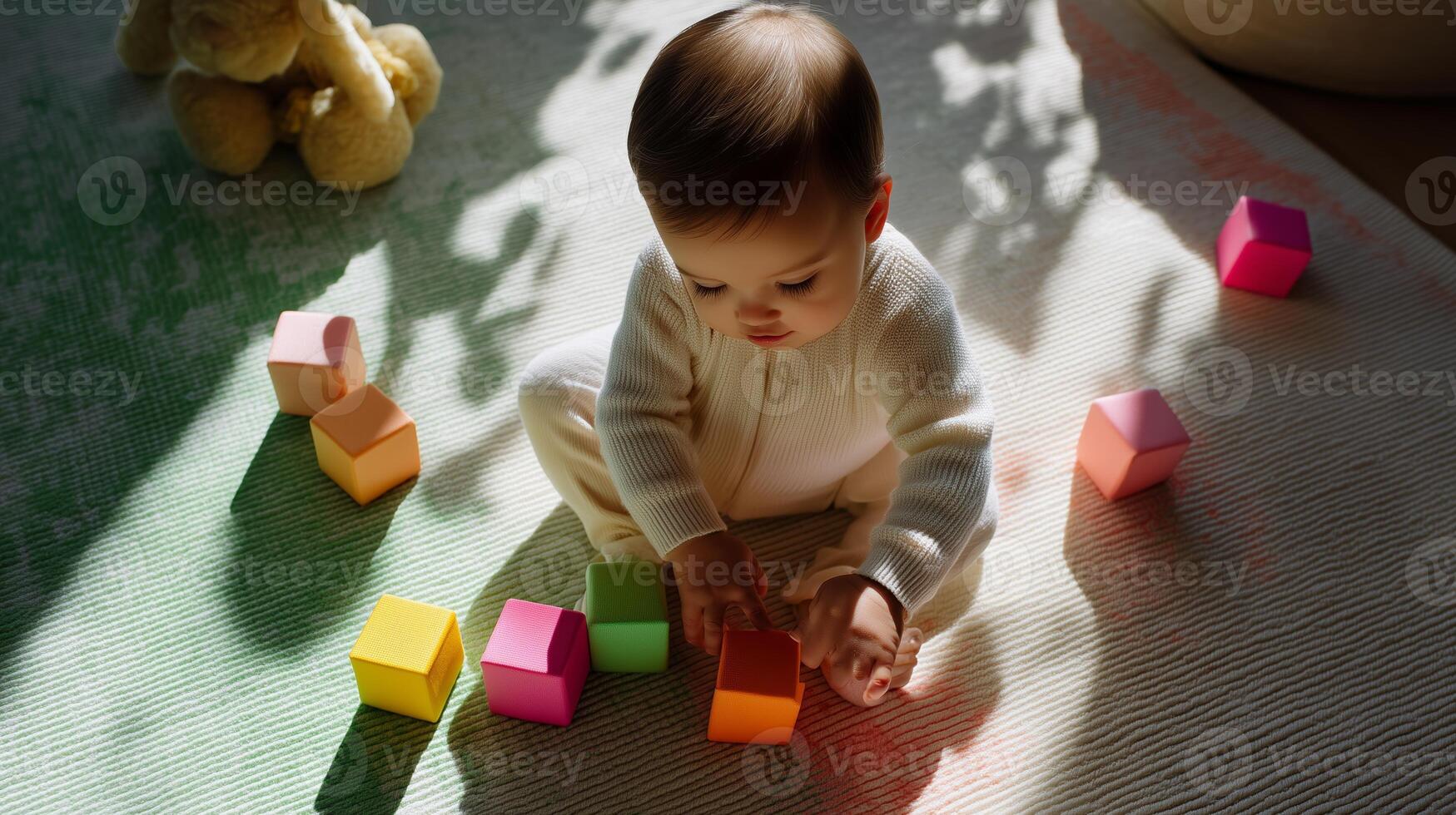 Baby playing with colorful blocks in sunlit room on a cozy rug during afternoon photo