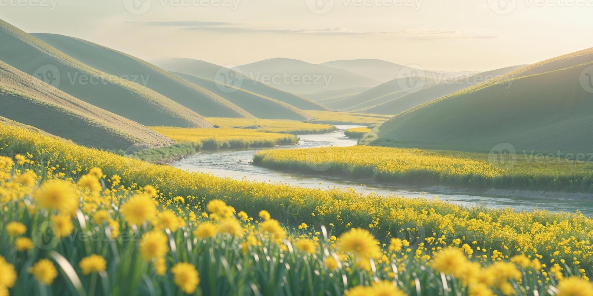 Beautiful yellow flowers bloom along a winding river in rolling hills during sunrise photo