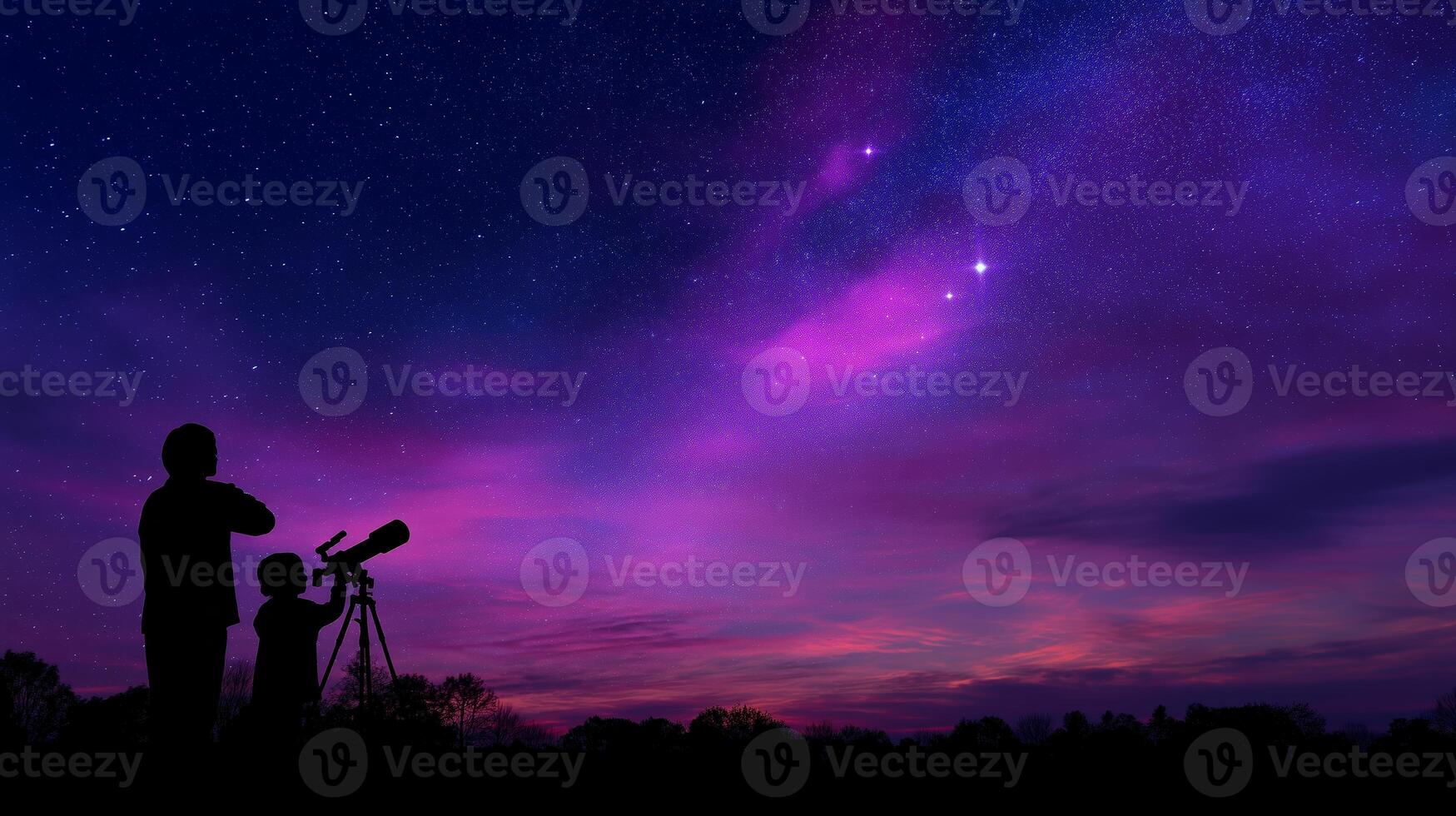 Stargazers observe the night sky with a telescope during a colorful sunset in a serene landscape photo