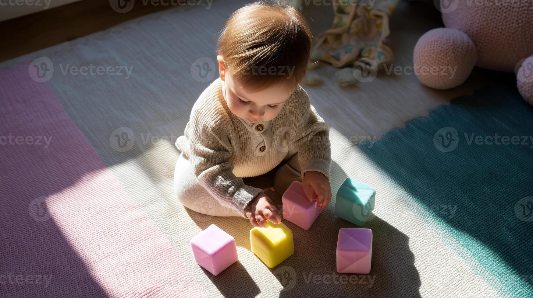 Baby engaged in play with colorful building blocks on a cozy rug in a sunlit room during the afternoon photo