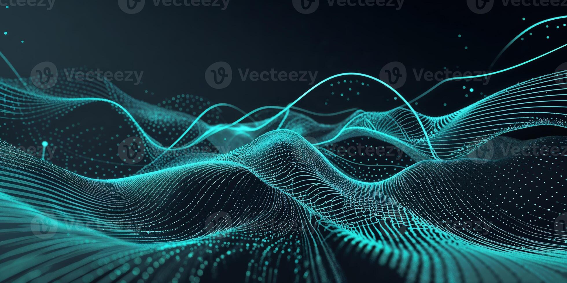 Vibrant digital wave patterns create a mesmerizing abstract landscape of lines and dots in a futuristic space photo