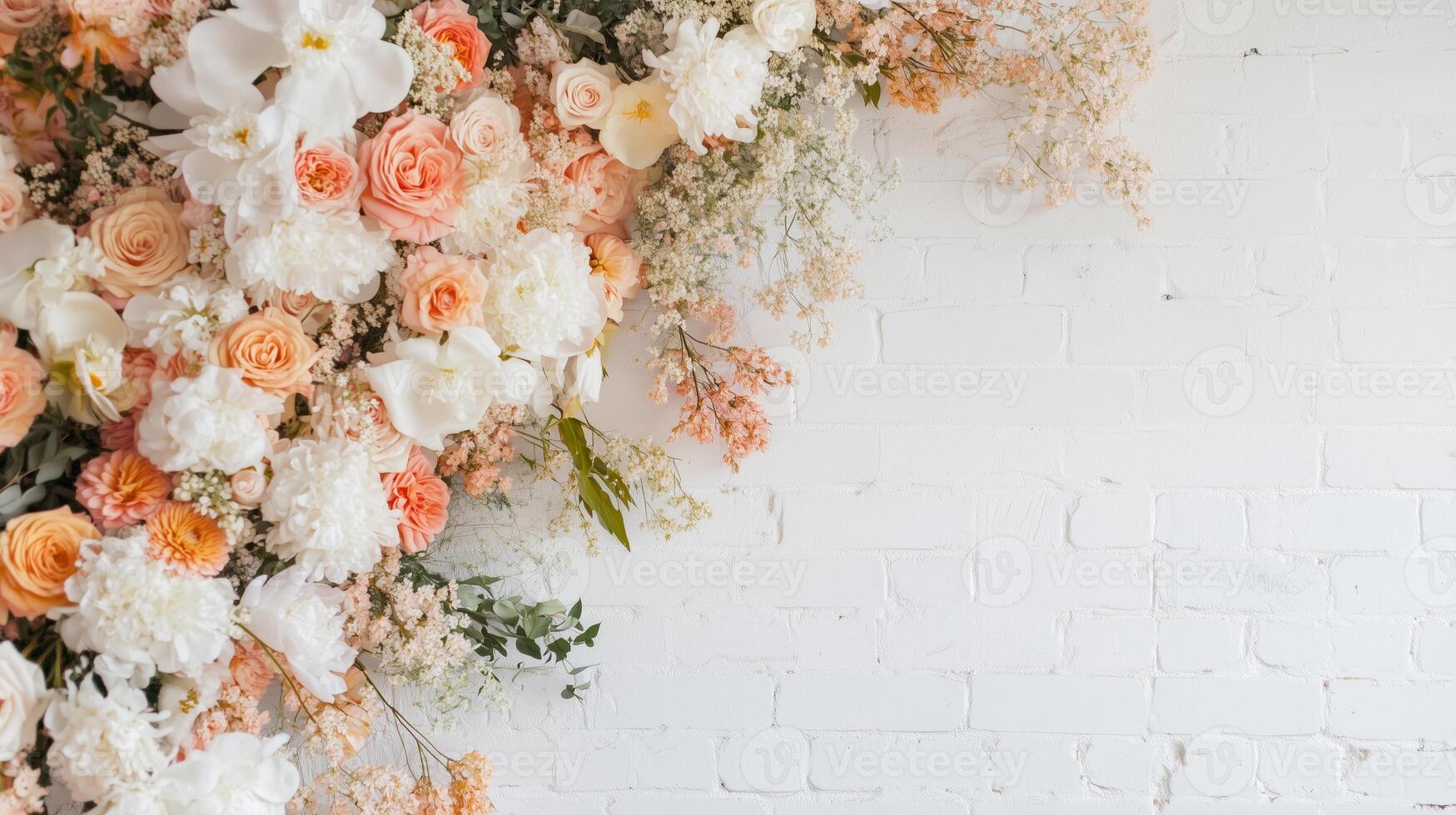 Elegant floral arrangement with soft pastel roses and white blooms on a textured white wall showcasing natural beauty photo