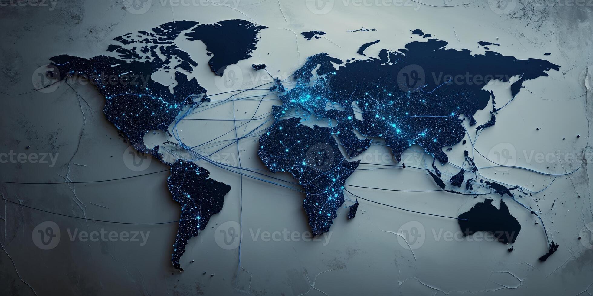 Global network connectivity visualized through illuminated cityscapes across a dark world map photo