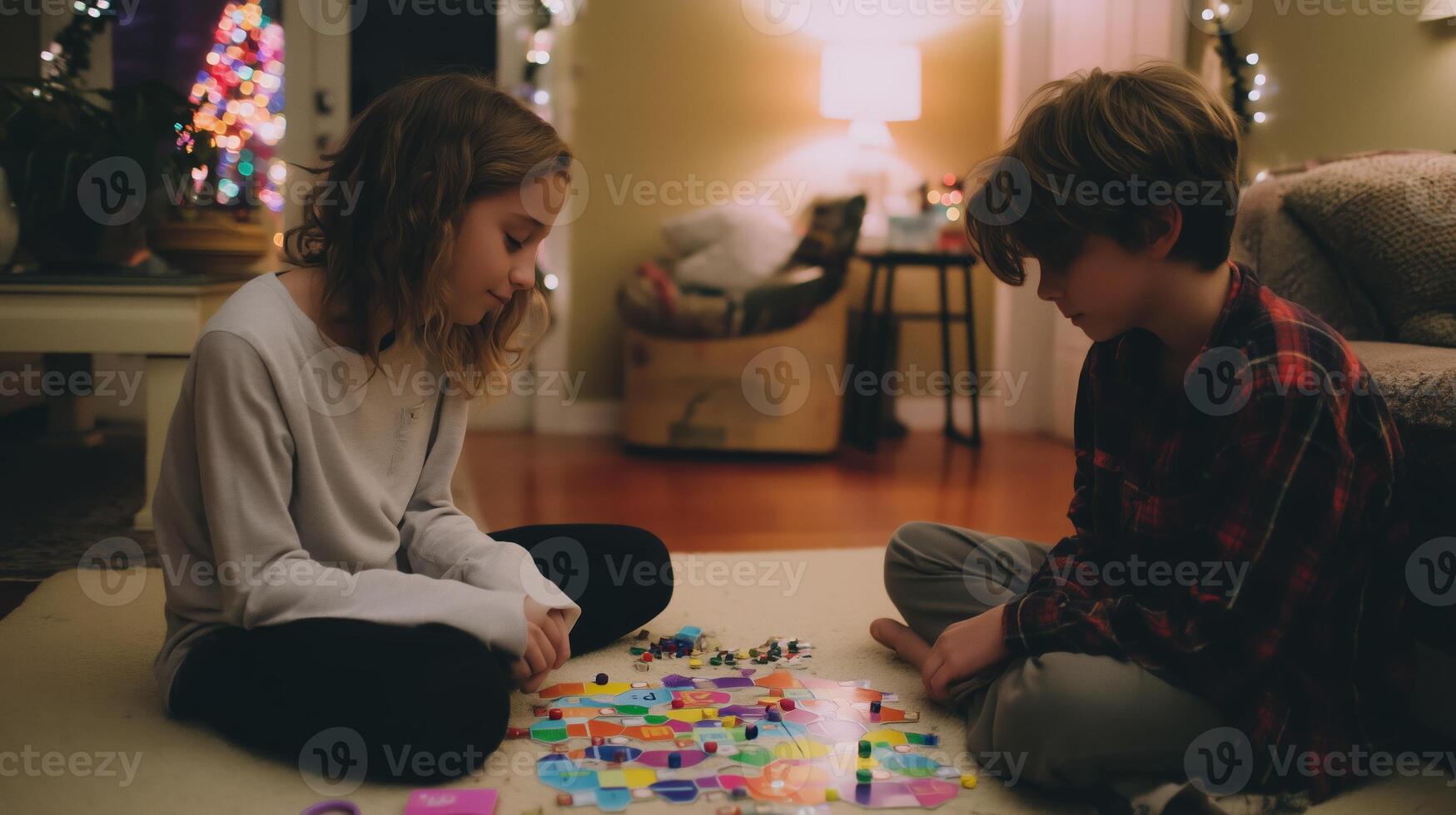 Siblings enjoying a board game night at home with warm holiday lights in the background photo