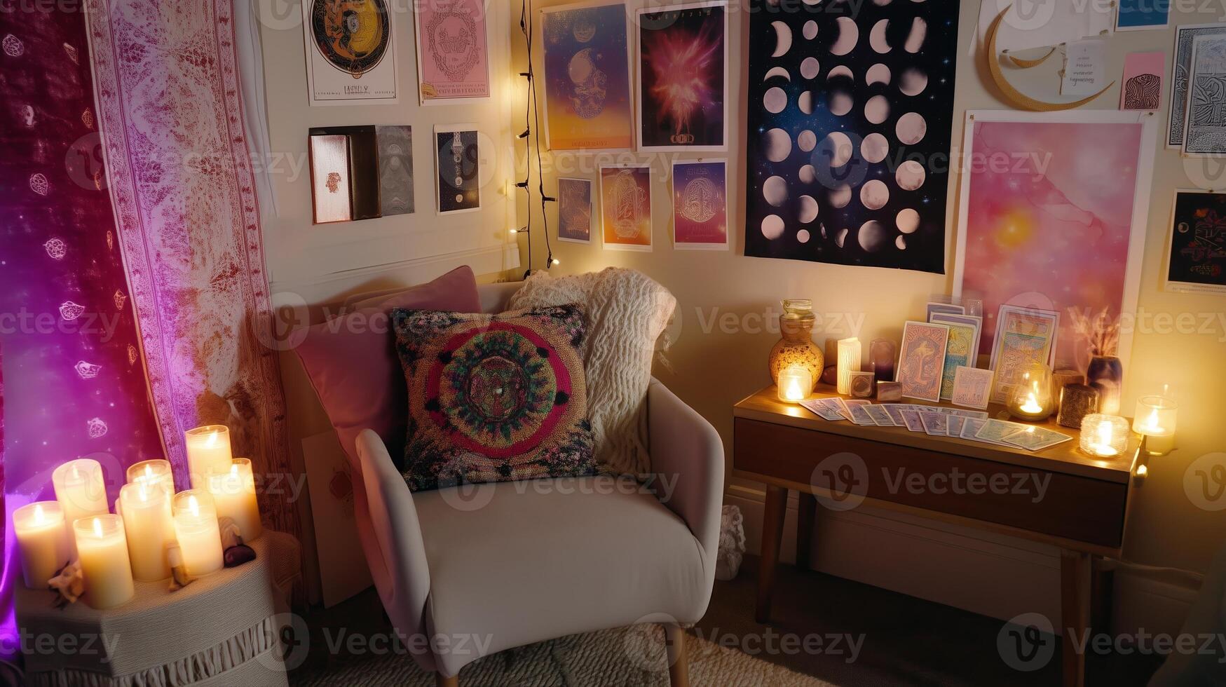 Cozy meditation space with candles, art, and mystical decor during evening light photo