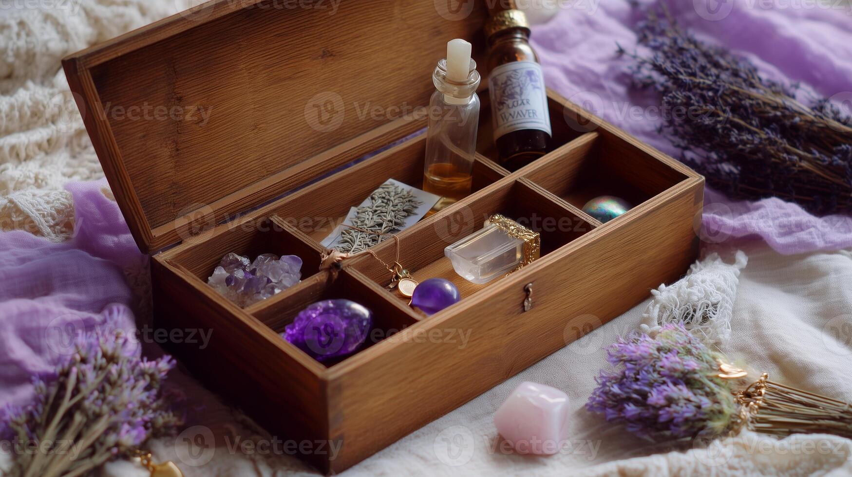 Wooden box filled with crystals, essential oils, and dried lavender on a soft fabric backdrop photo