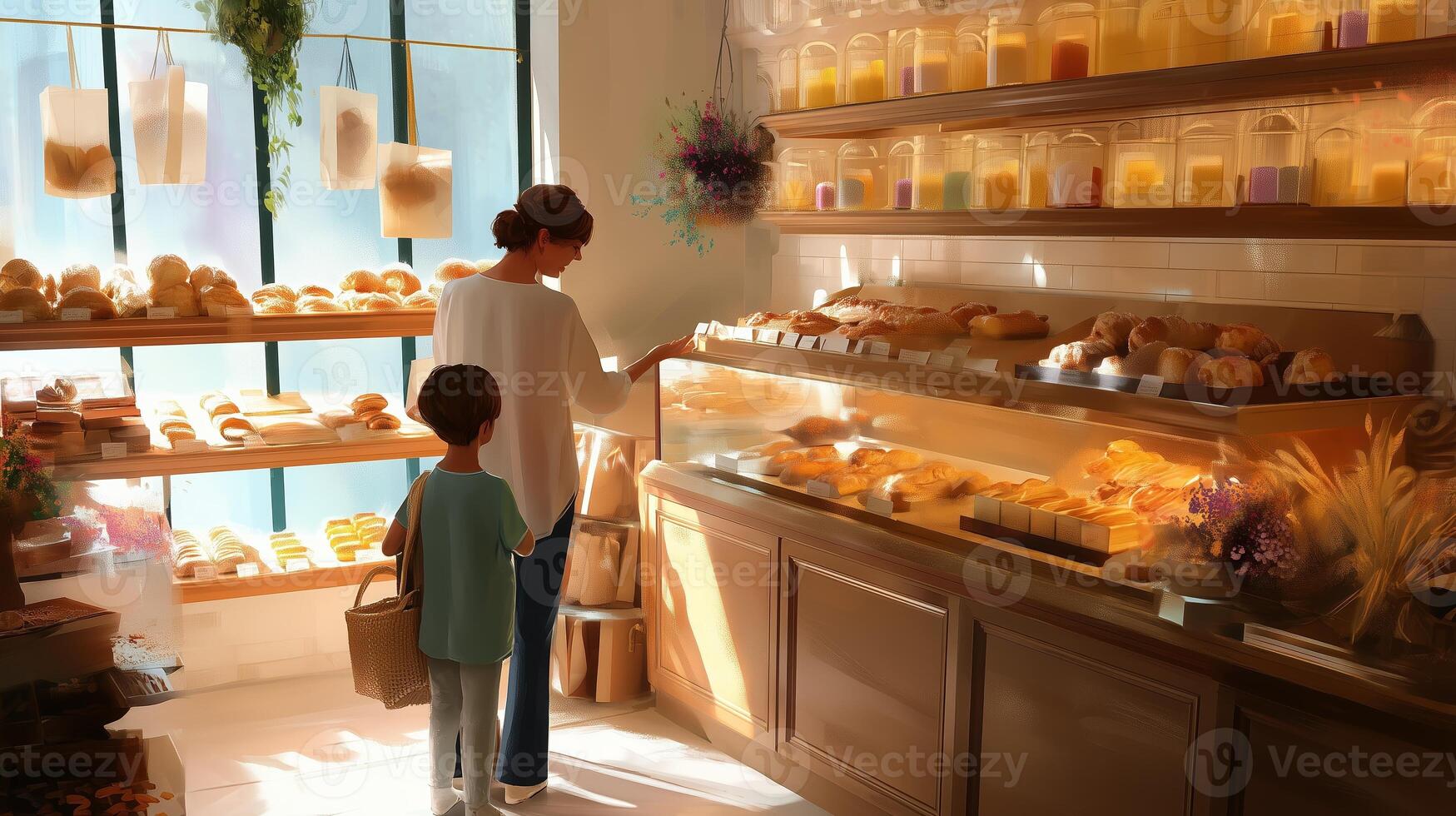 Mother and child explore a cozy bakery filled with fresh bread and pastries in a sunlit space photo