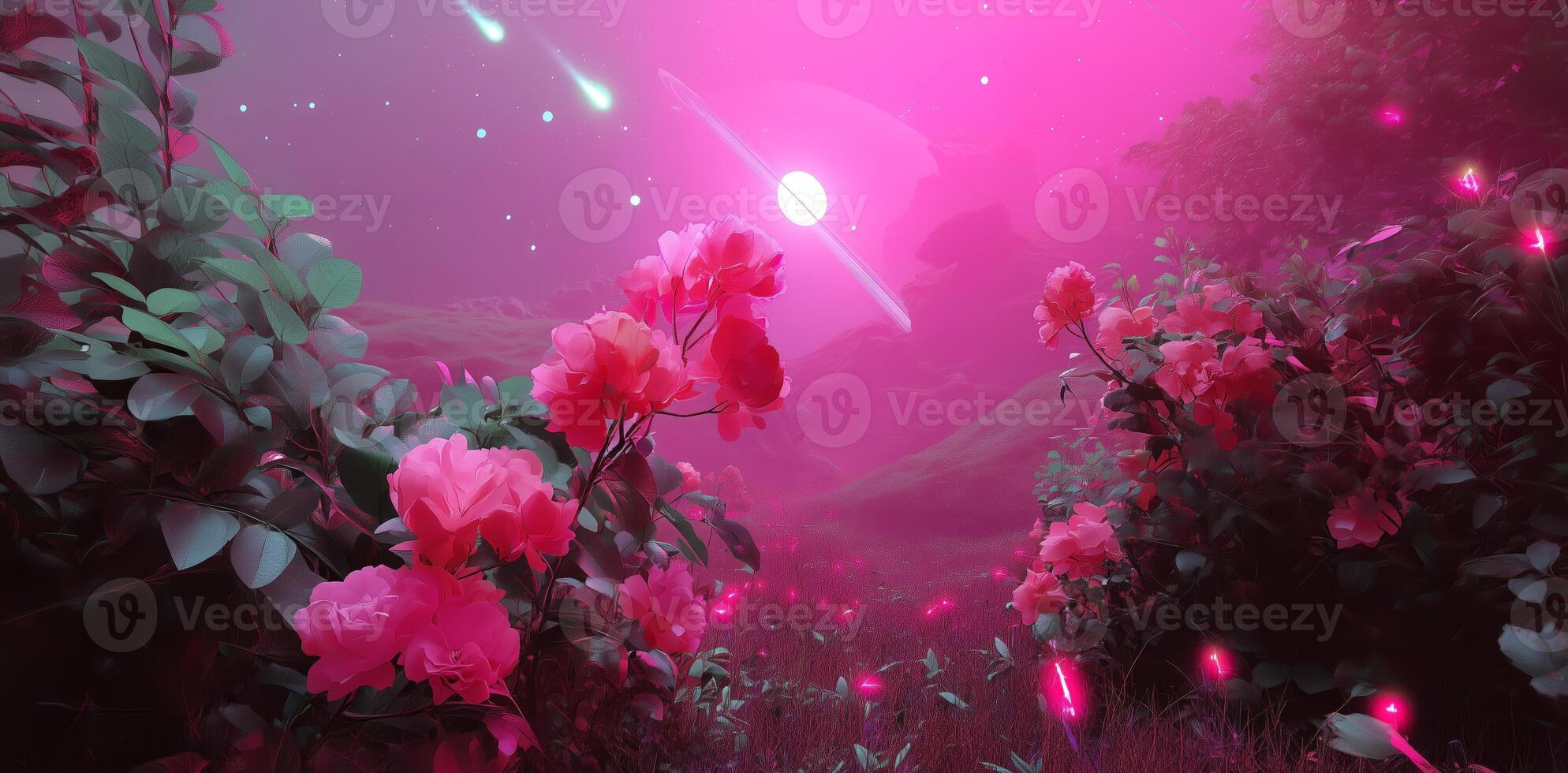 Vibrant celestial landscape with blooming roses and distant planets during twilight photo