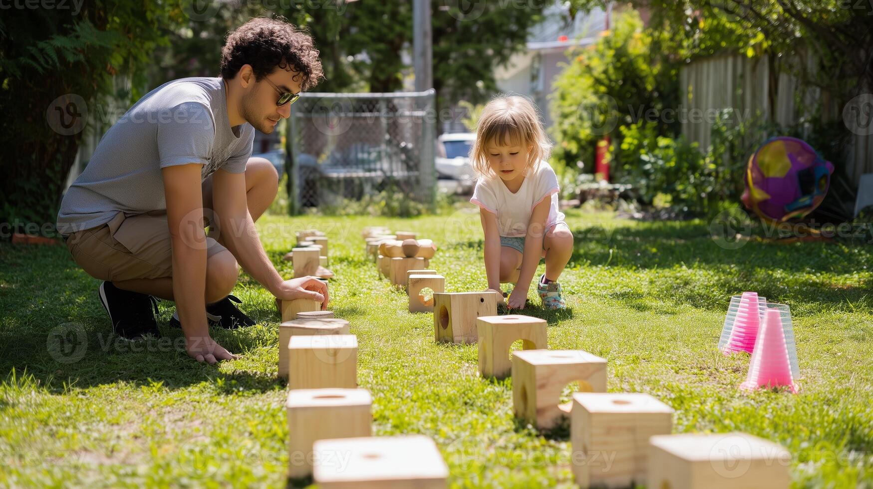 Child and adult engaged in outdoor block game activity in a sunny backyard on a warm afternoon photo