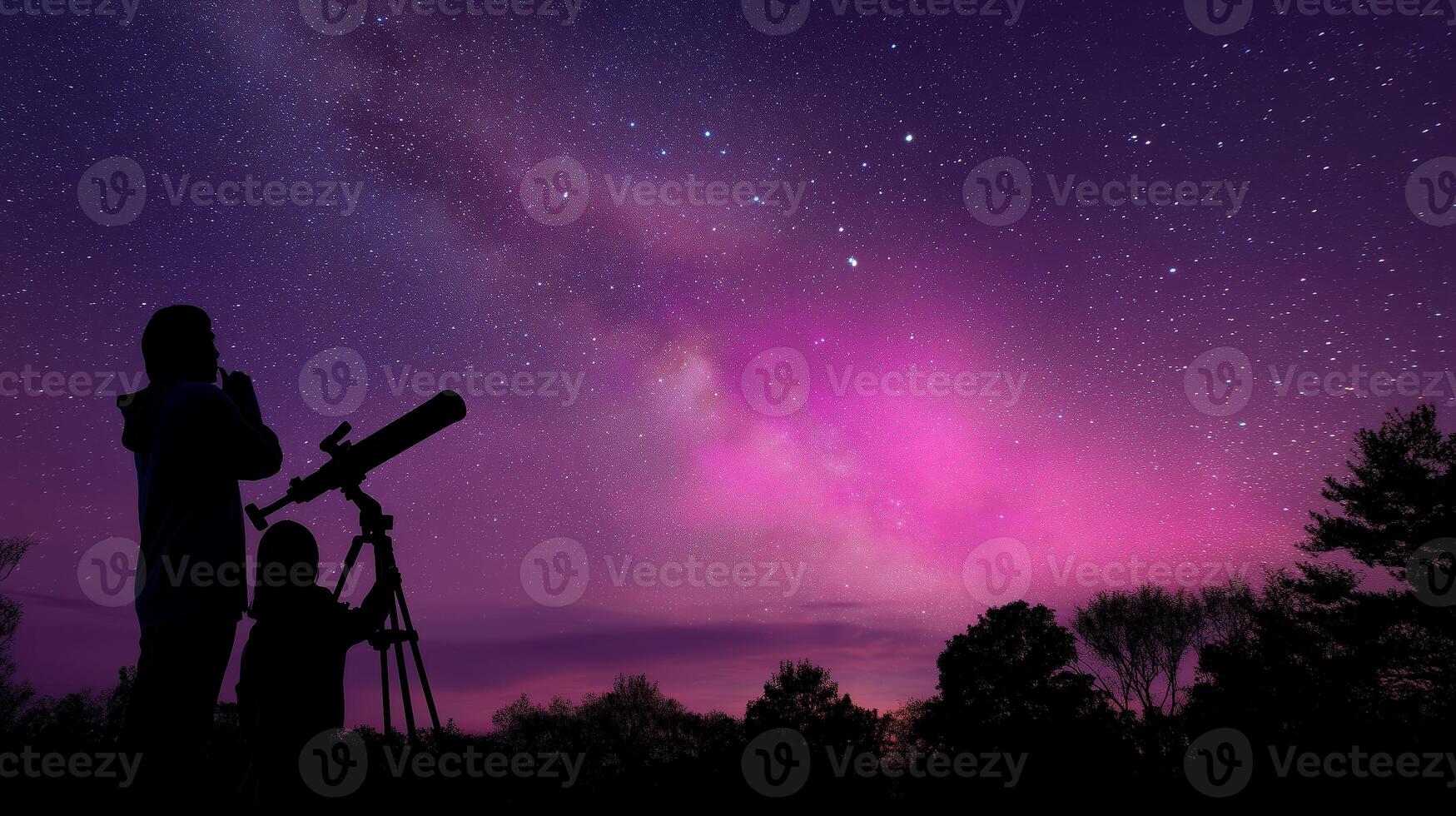 Stargazing adventure with telescopes under the vibrant Milky Way at night in a serene outdoor location photo