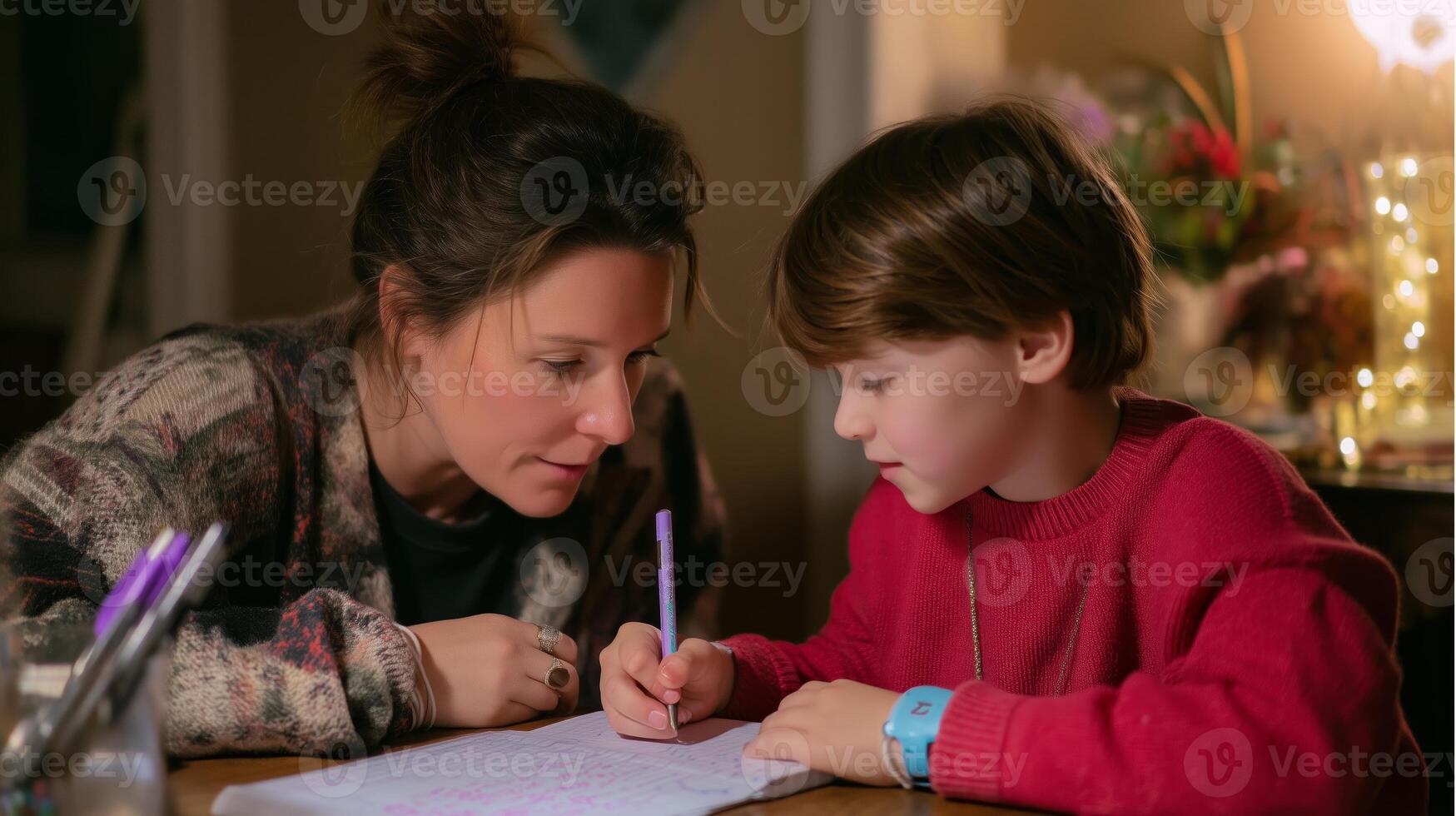 Mother and child share a quiet evening while working on homework at home during the winter season in a cozy atmosphere photo