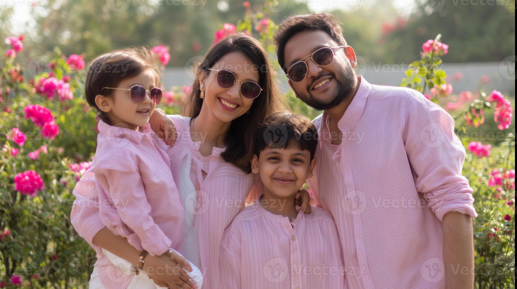 Family enjoys sunny day in garden surrounded by blooming pink roses wearing matching outfits photo