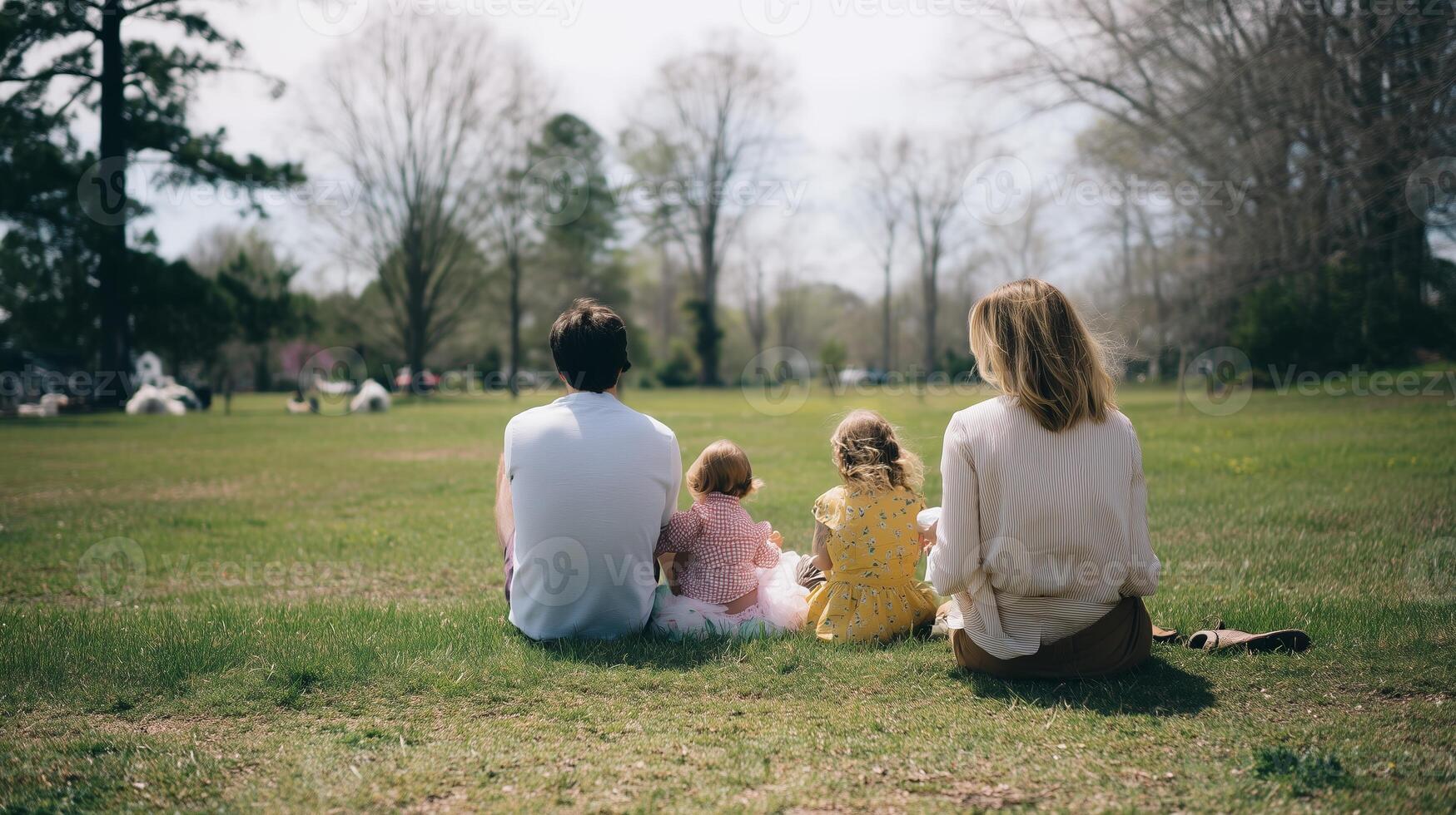 Family enjoys a sunny afternoon in a park while sitting on the grass overlooking a beautiful open space photo