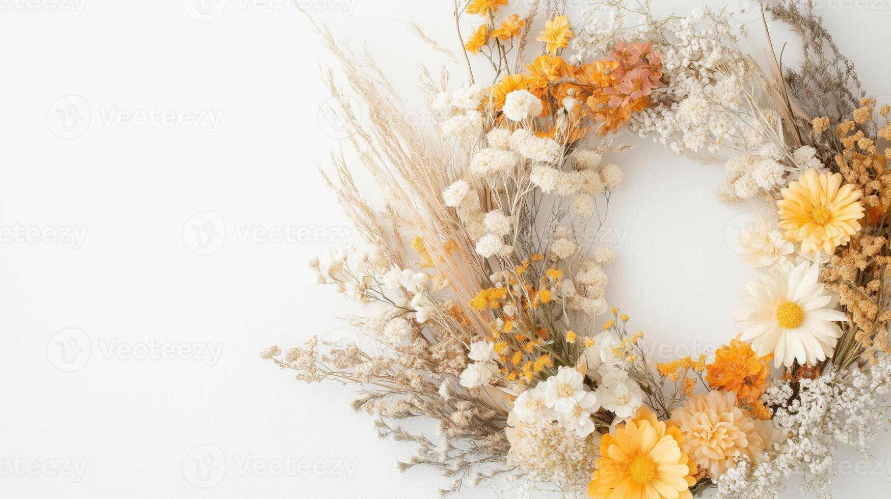 Wreath made of dried yellow and white flowers arranged on a light background for home decor photo