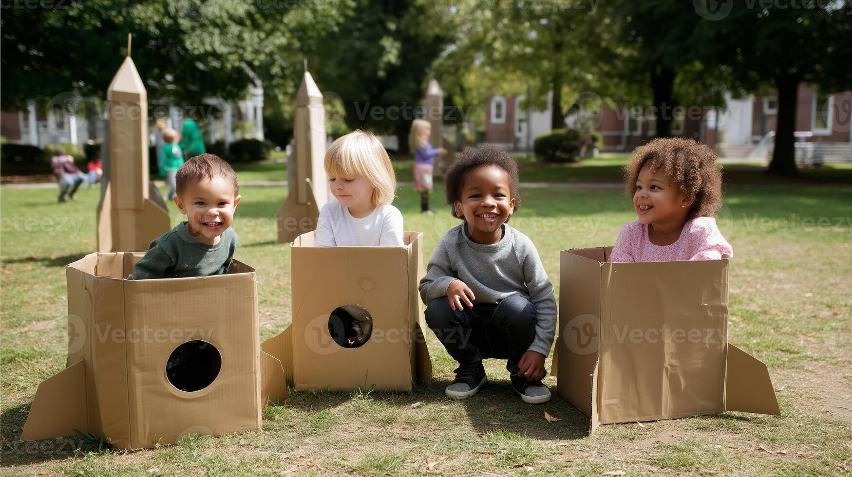 Children playing in cardboard rocket ships at a park during a sunny afternoon photo