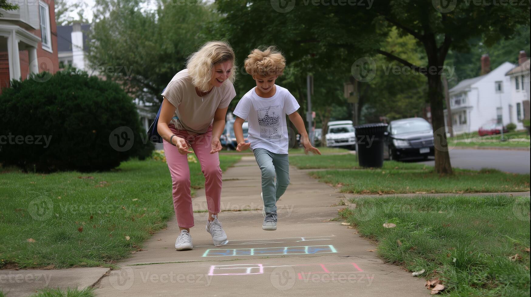 Mother and son enjoy playful hopscotch activity on a sunny day in a suburban neighborhood photo