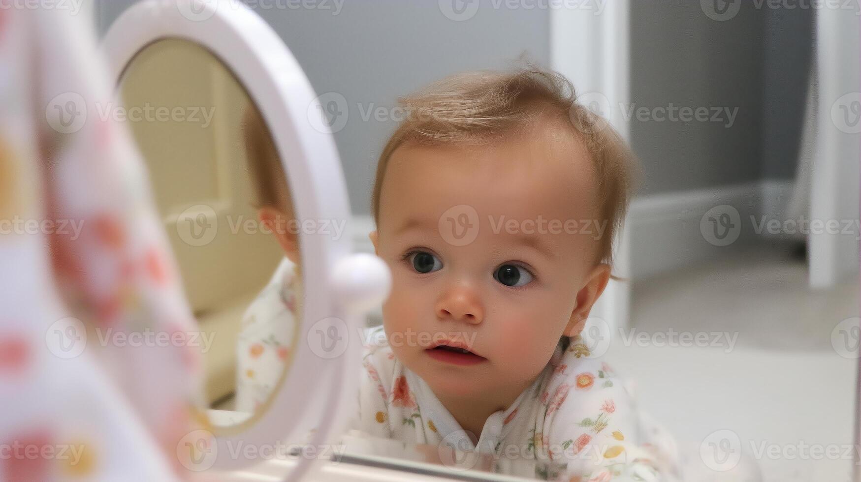 Baby explores reflections in a small mirror while sitting on the floor in a softly lit room during daytime photo