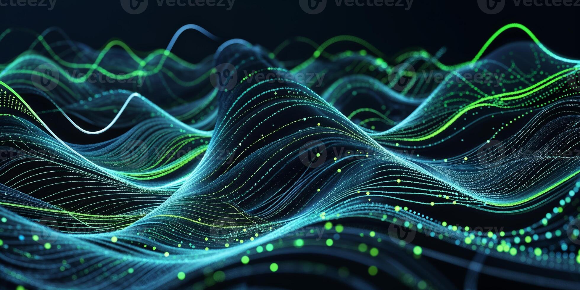 Dynamic digital wave patterns representing data flow in a dark background with vibrant neon colors at night photo