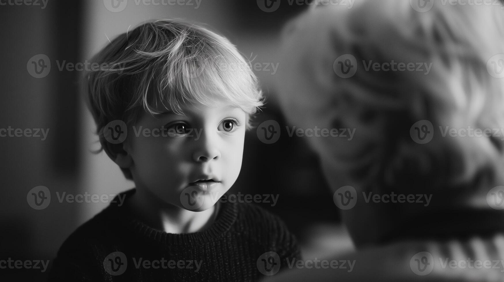 Child engages in thoughtful conversation with elderly person indoors during afternoon photo