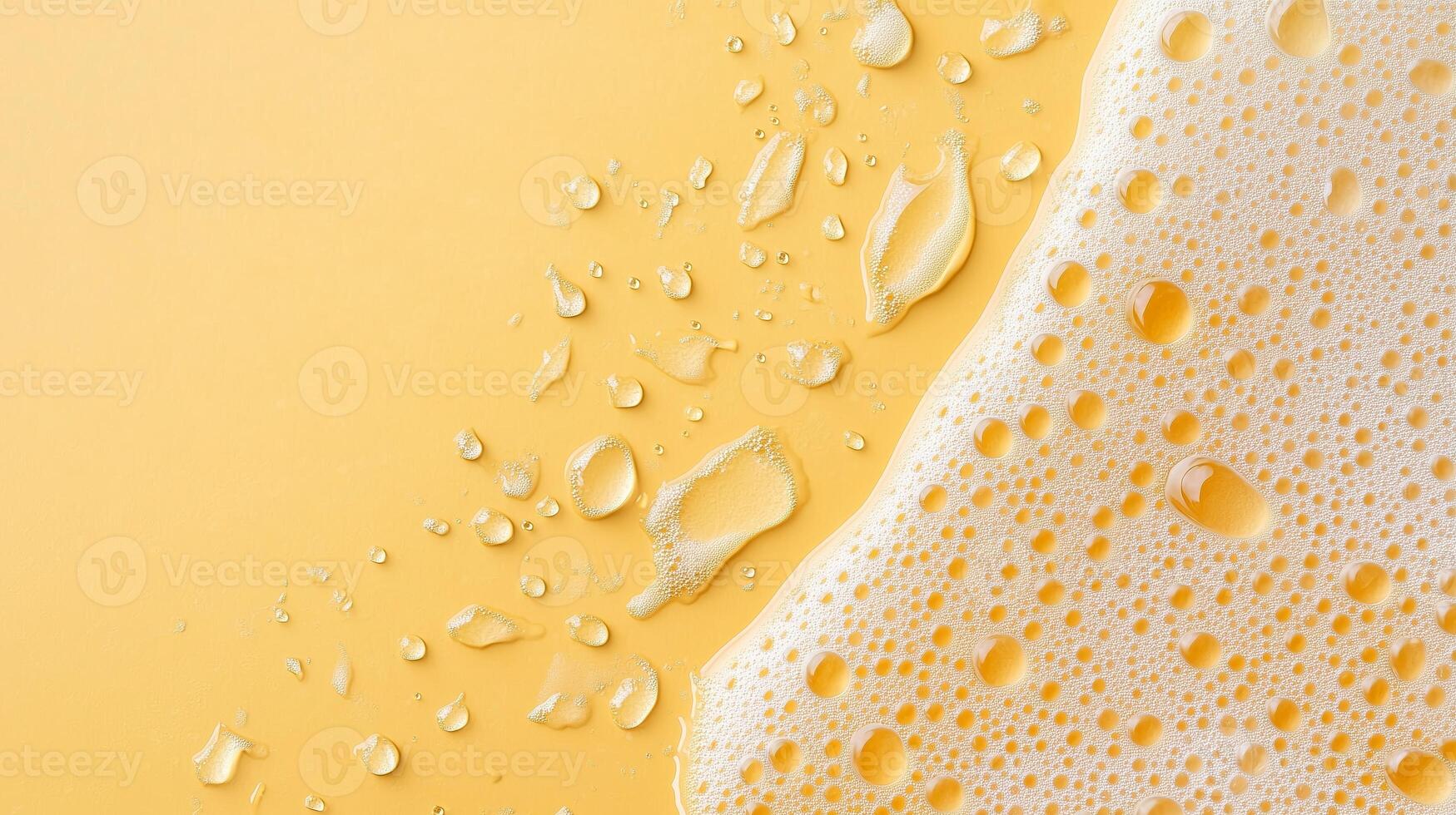 Close-up of vibrant yellow surface with bubbles and water droplets showcasing texture and detail in a refreshing composition photo
