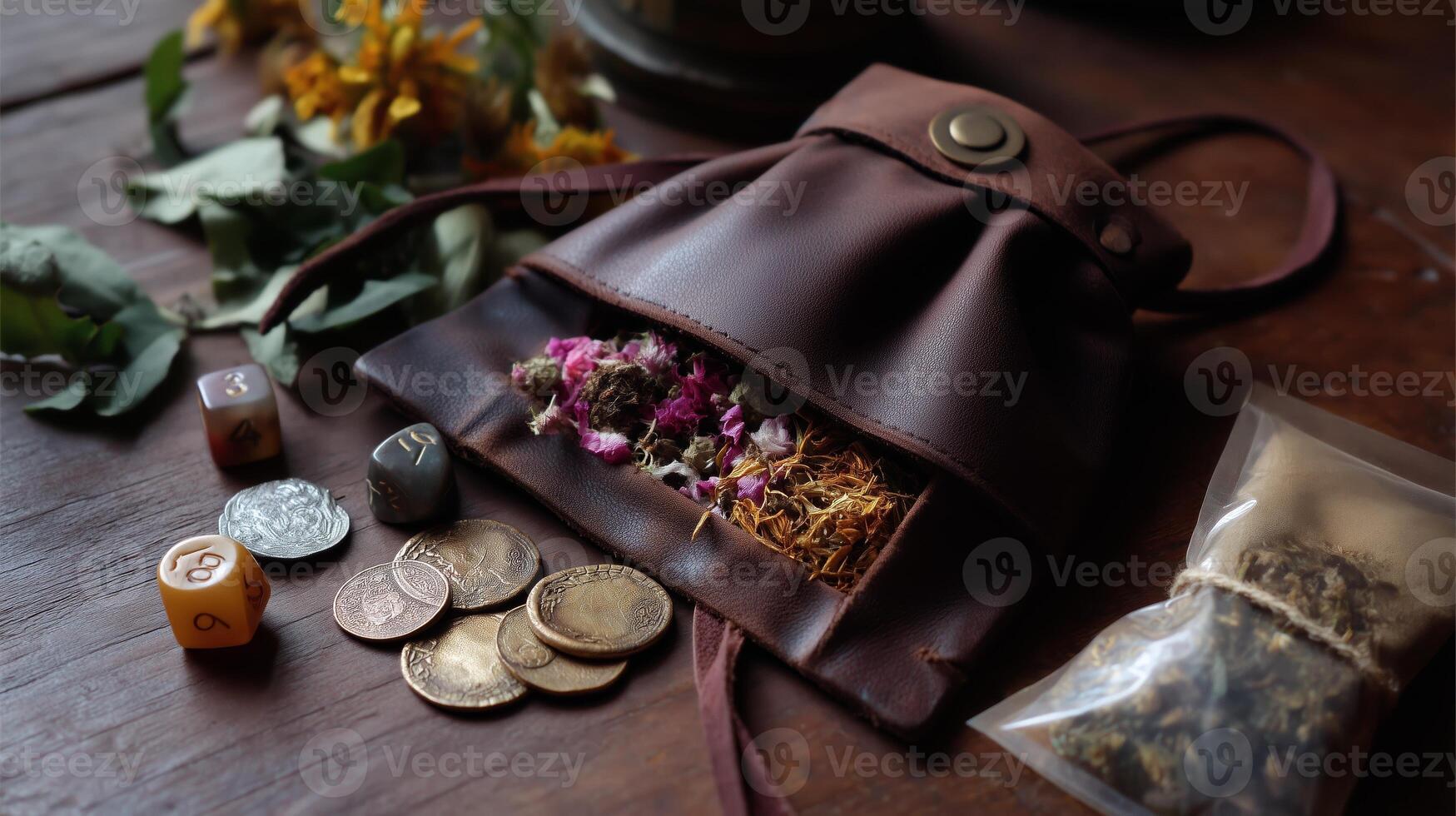 Leather pouch containing herbs and coins arranged on a rustic wooden table during a daytime gathering photo