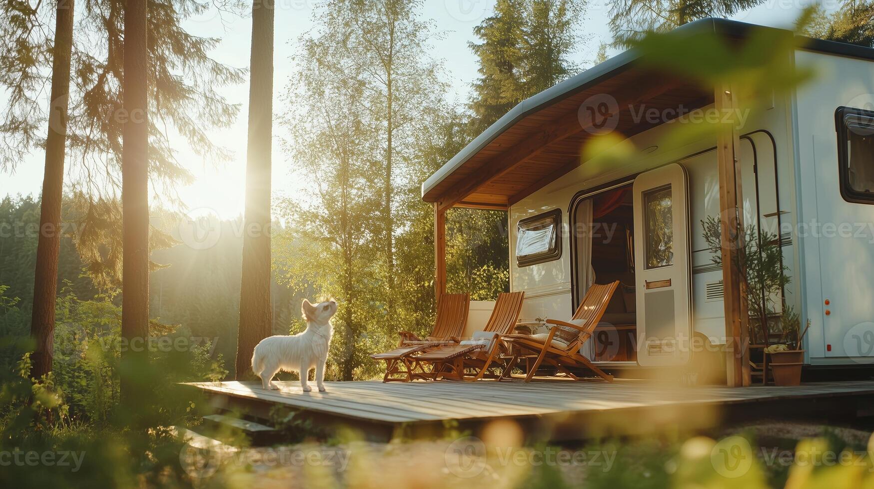 Serene outdoor camping experience with a dog near a cozy trailer during golden hour photo