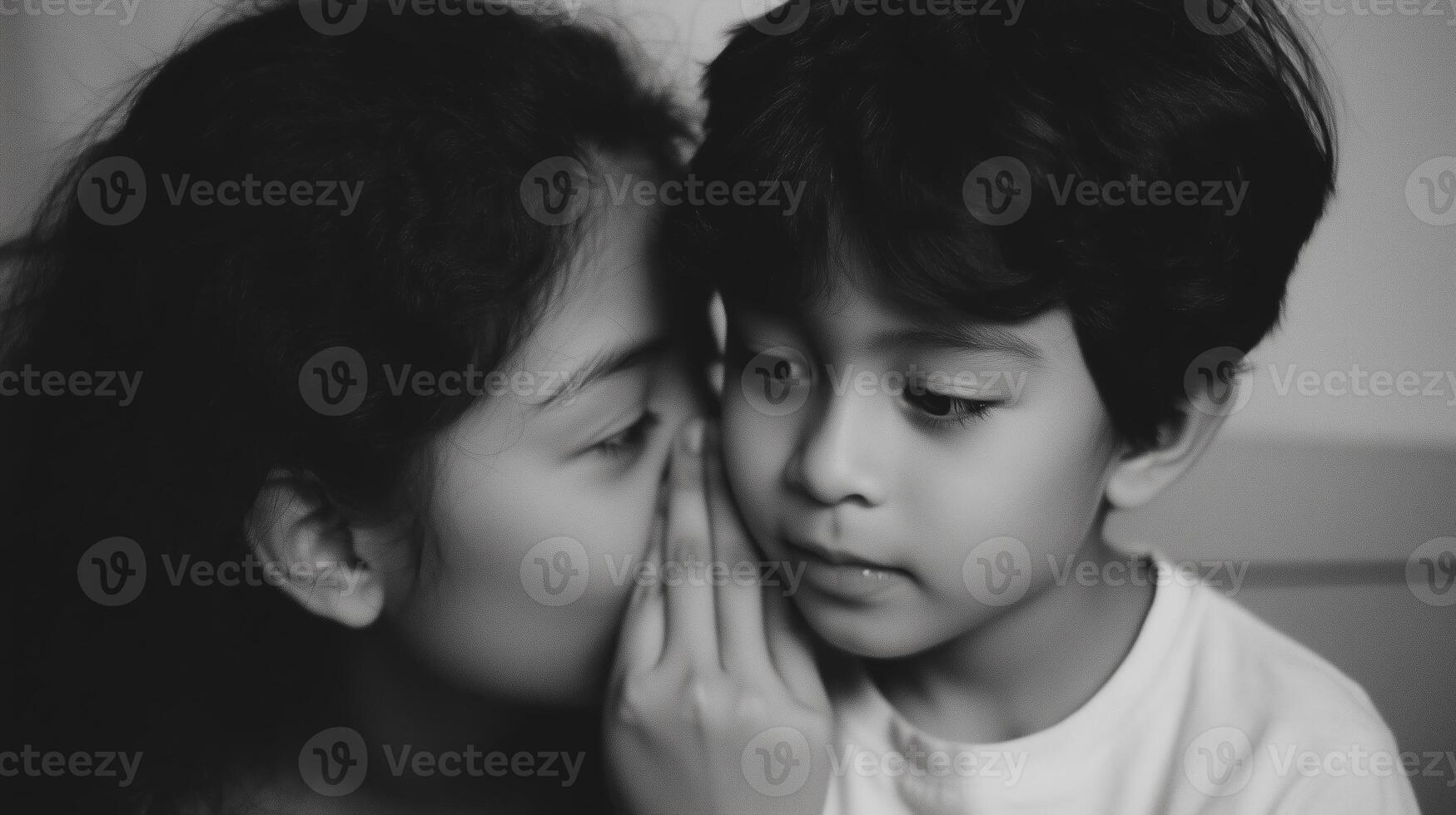 Sibling sharing a secret in a cozy indoor setting during a tender moment photo