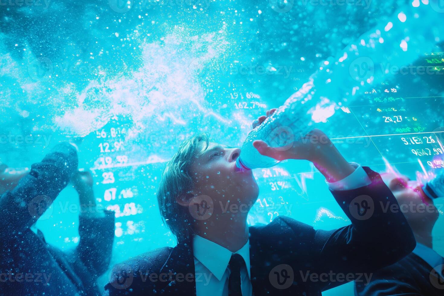 Business professionals in suits drinking water while submerged underwater surrounded by digital stock market data photo
