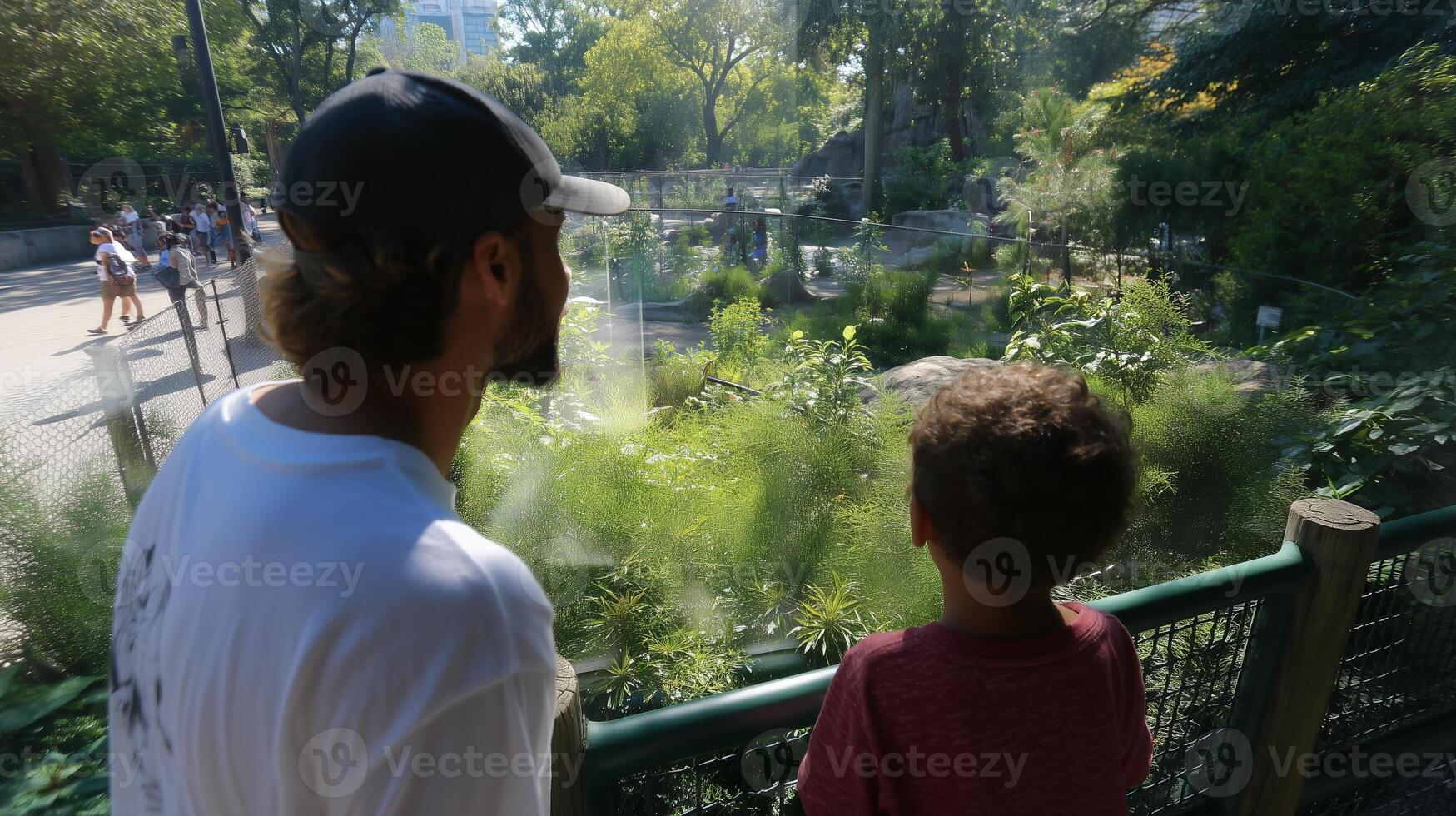 Father and child enjoying a sunny day at the zoo while observing animals in their habitat photo