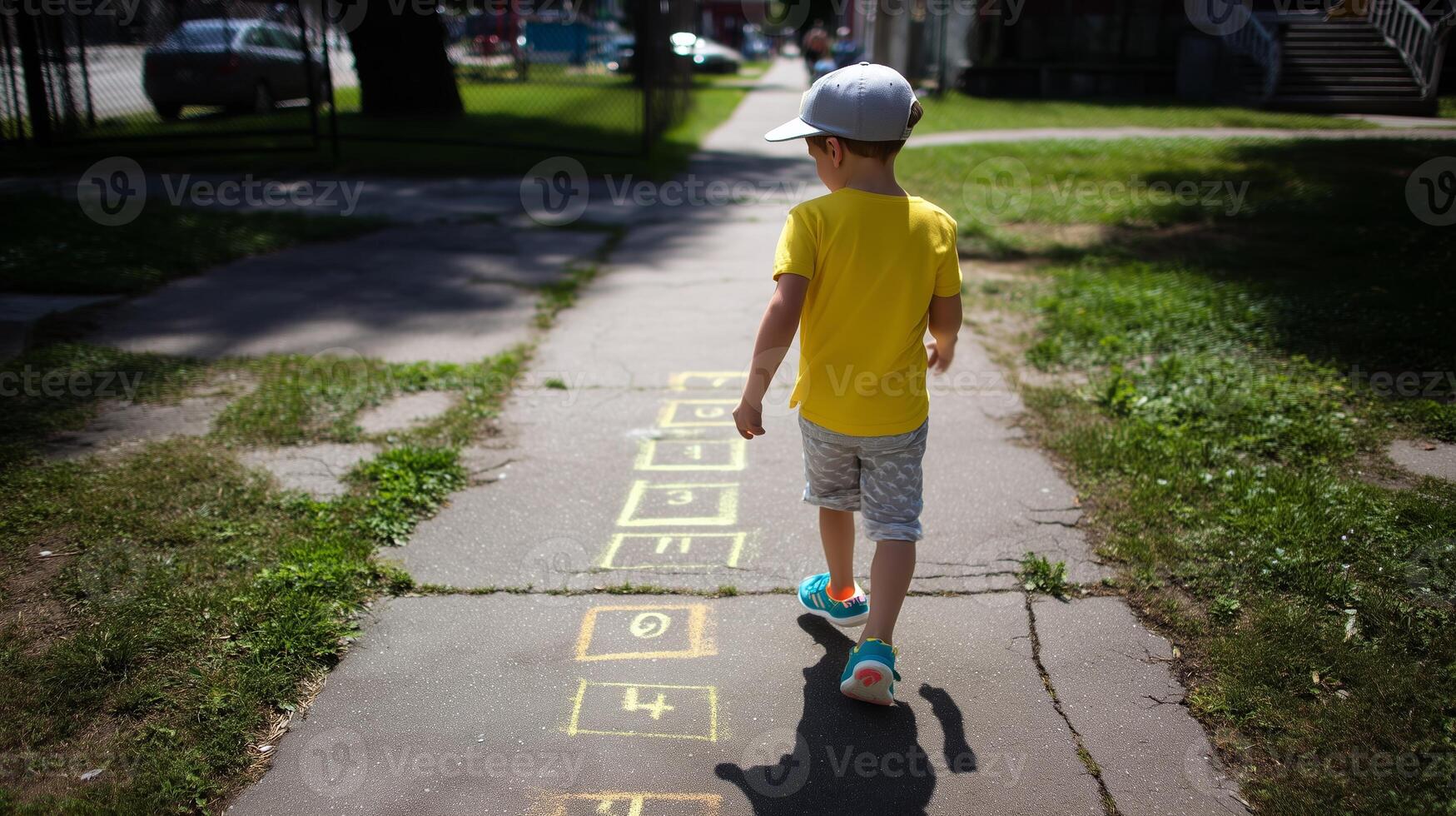 Child plays hopscotch on sunny sidewalk in neighborhood park during summer afternoon photo