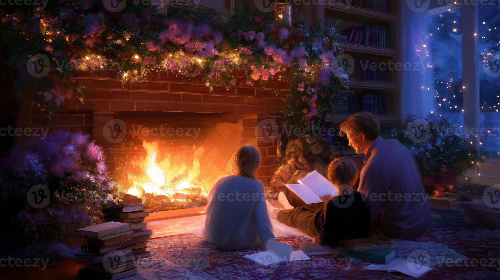 Cozy evening storytelling by the fireplace creates a warm family atmosphere filled with love and imagination photo