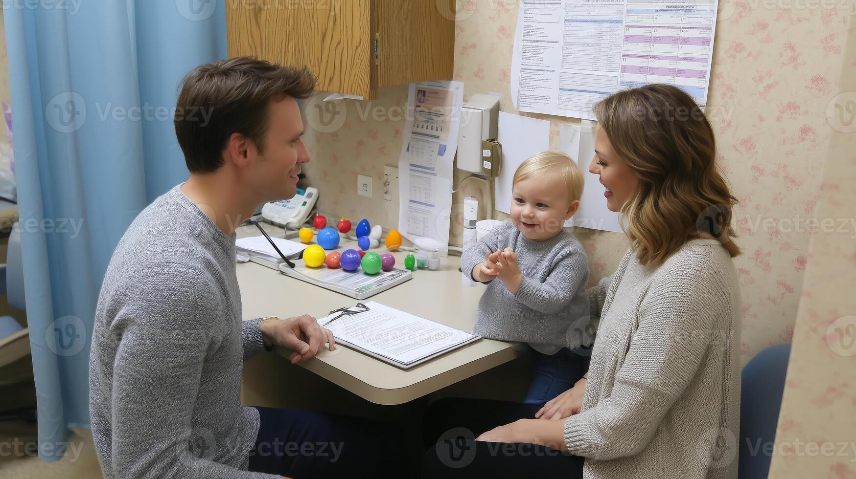 Family visit to a pediatrician's office with a joyful toddler playing and parents engaged in conversation photo