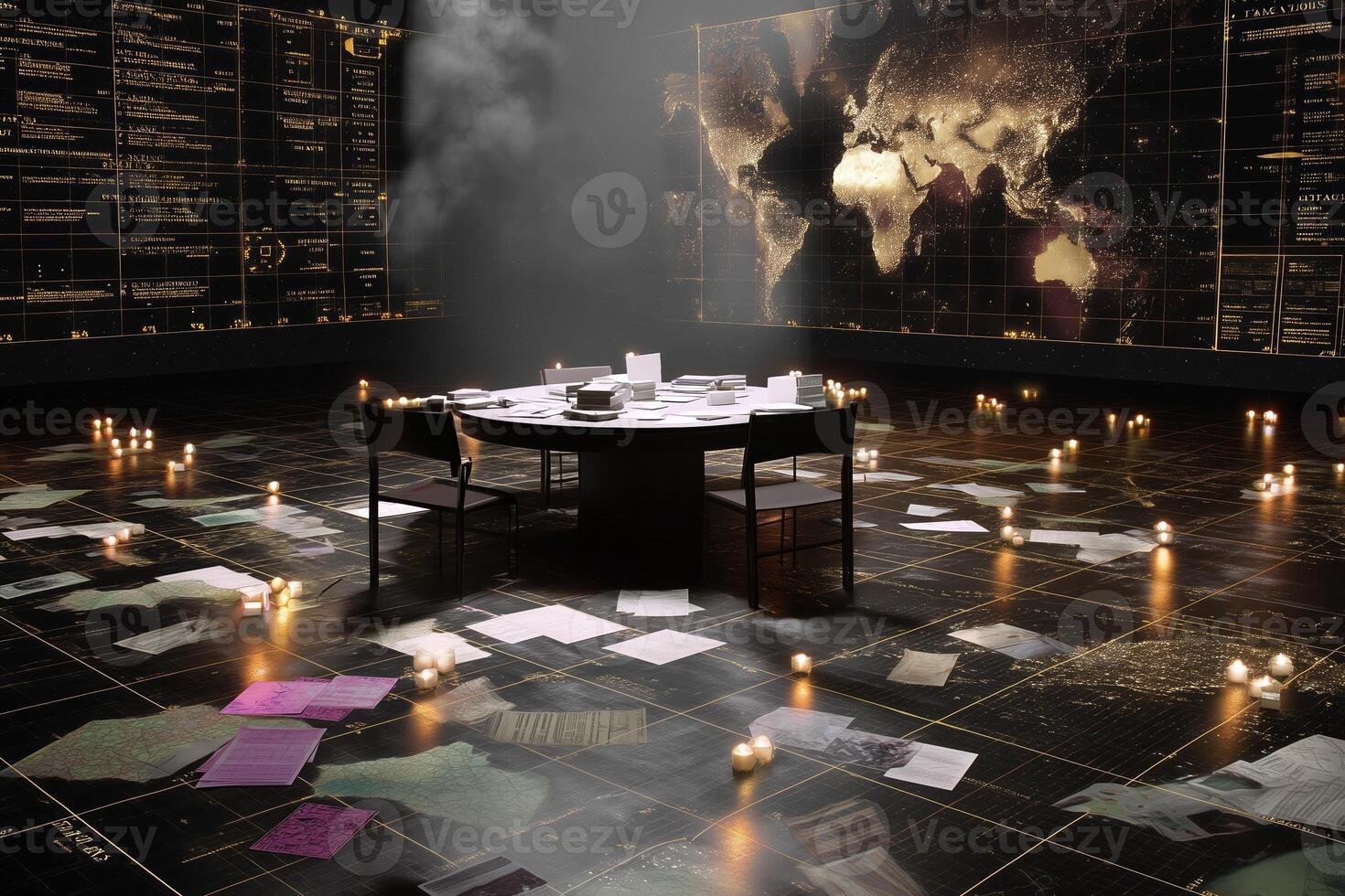 Mysterious dimly lit room with a central table covered in papers and illuminated by candles during an investigation photo