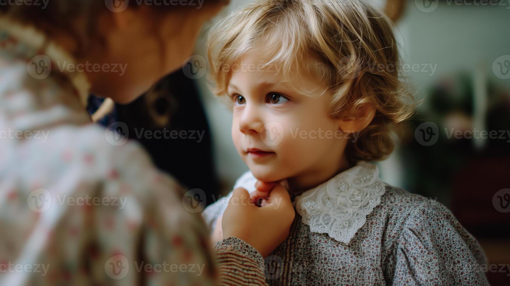 Child with Curly Hair Receives Affectionate Attention from Adult in Cozy Home Setting photo