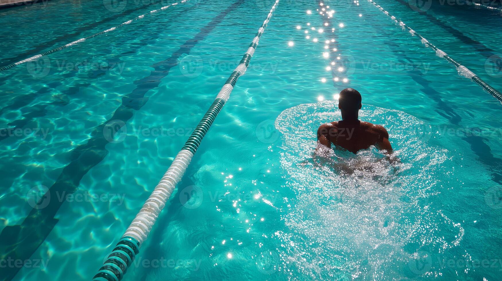 Swimmer practices strokes in a bright blue pool during midday sunlight near a recreational center photo