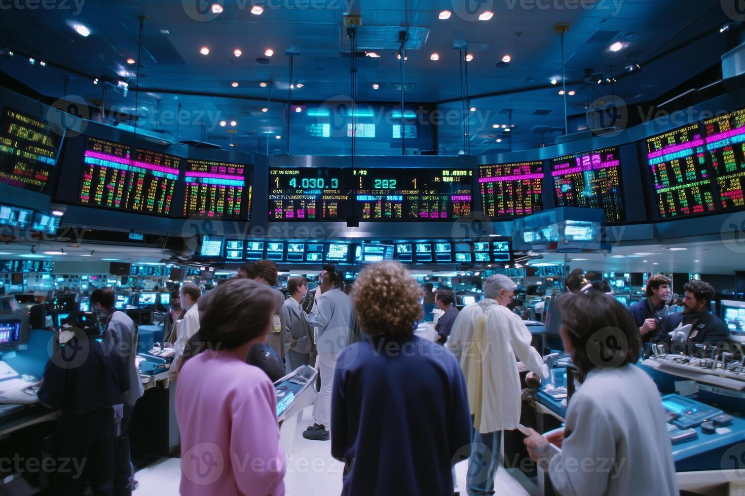 Busy trading floor with professionals analyzing market data during a lively stock exchange session photo